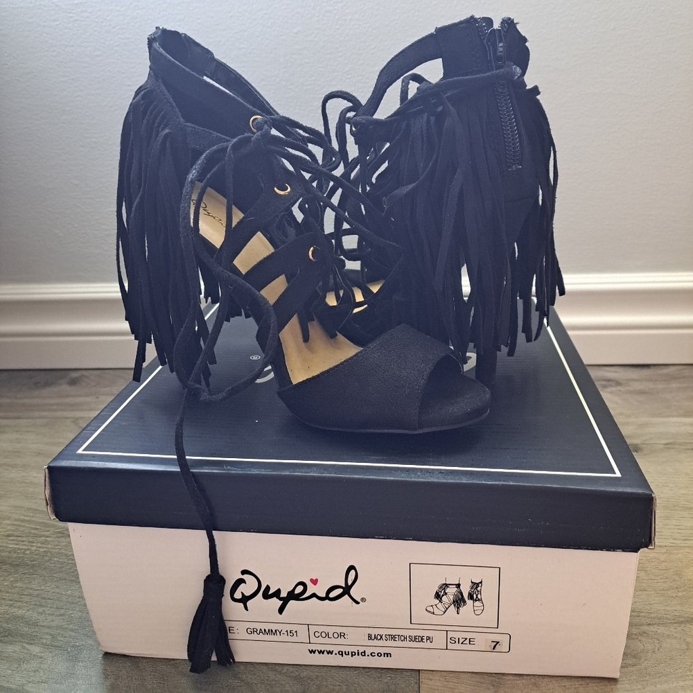 Qupid | Black stretch suede pu | boho tassle open toed high heel shoe